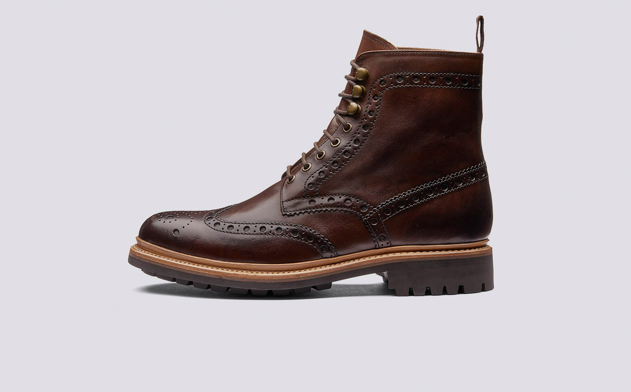 Fred | Mens Brogue Boot in Dark Brown Hand Painted Calf Leather with a ...