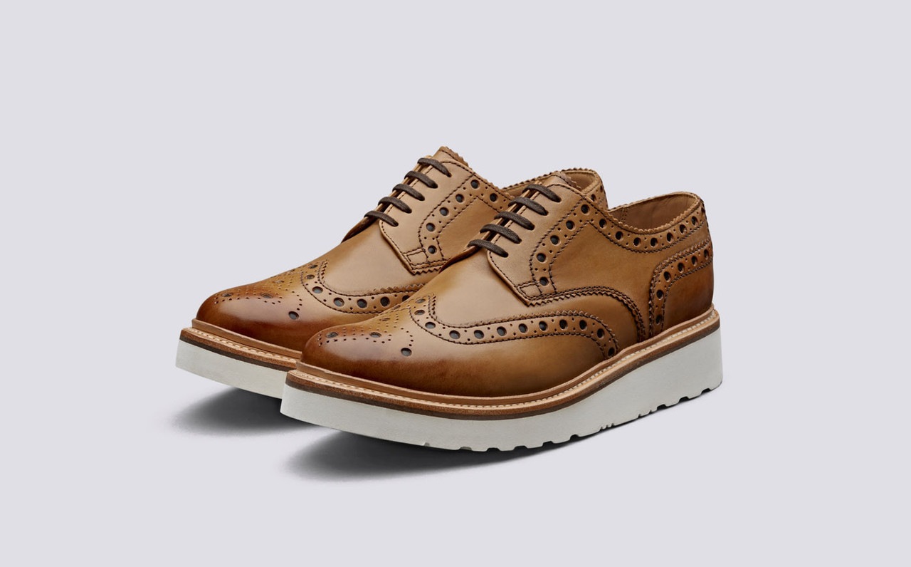 Archie | Mens Gibson Brogue in Tan Calf Leather with a White Wedge 