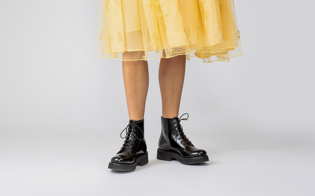 Grenson Denver Womens Boots in Black Hi Shine Leather