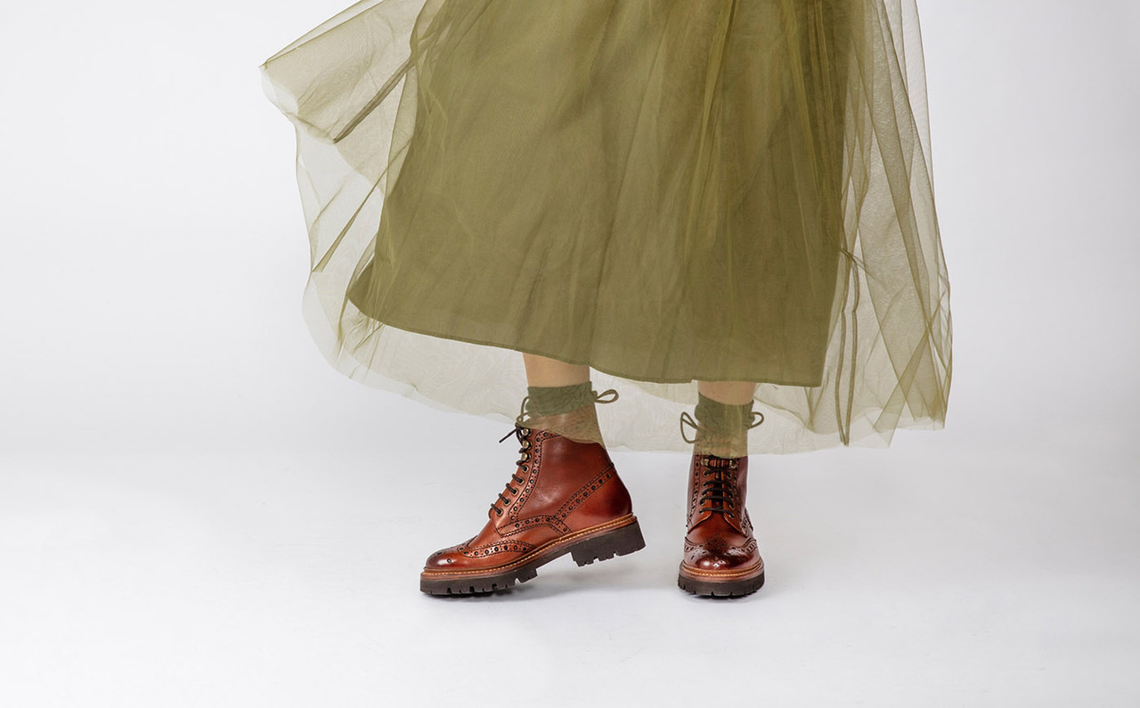 Flad Lure cilia Fran | Womens Brogue Boots in Tan Leather | Grenson