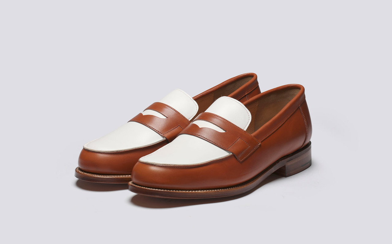 Epsom Mens Loafers in Brown and White Leather Grenson