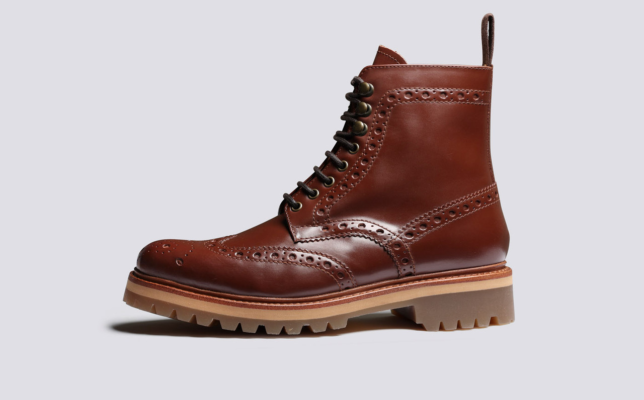 Fred Mens Brogue Boots in Tan on Vibram Sole Grenson