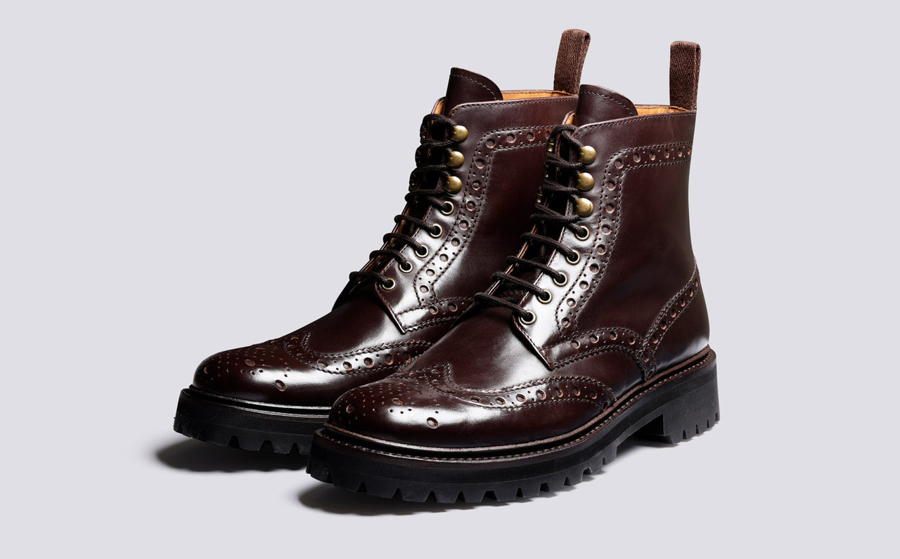 Fred Mens Brogue Boots in Brown on Vibram Sole Grenson