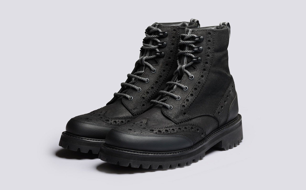 Fred Tech Mens Brogue Boots in Black on Vibram Sole Grenson
