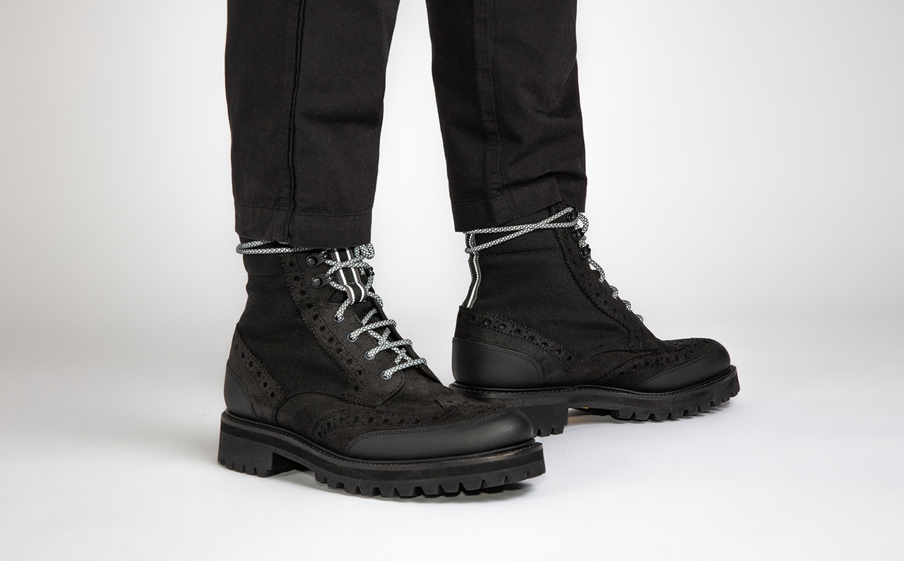 Fred Tech Mens Brogue Boots in Black on Vibram Sole Grenson