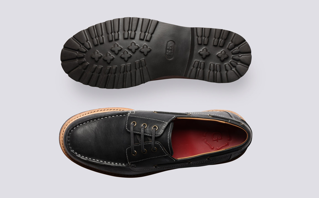 Dempsey | Mens Boat Shoes In Black Leather | Grenson