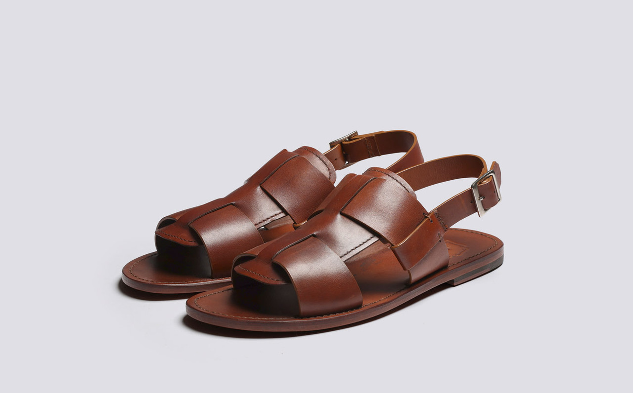Wiley 3 Mens Sandals in Tan Handpainted Leather Grenson