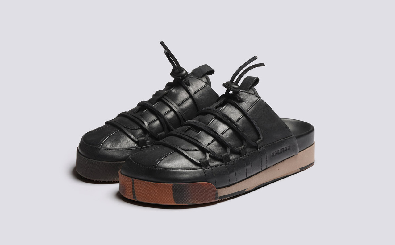 Sneaker 75 Mens Mules in Black Burnished Nubuck Grenson