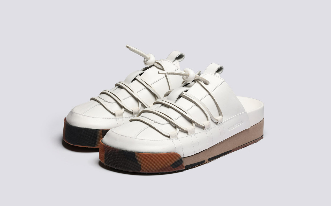 Sneaker 75 Mens Mules in White Calf Leather Grenson