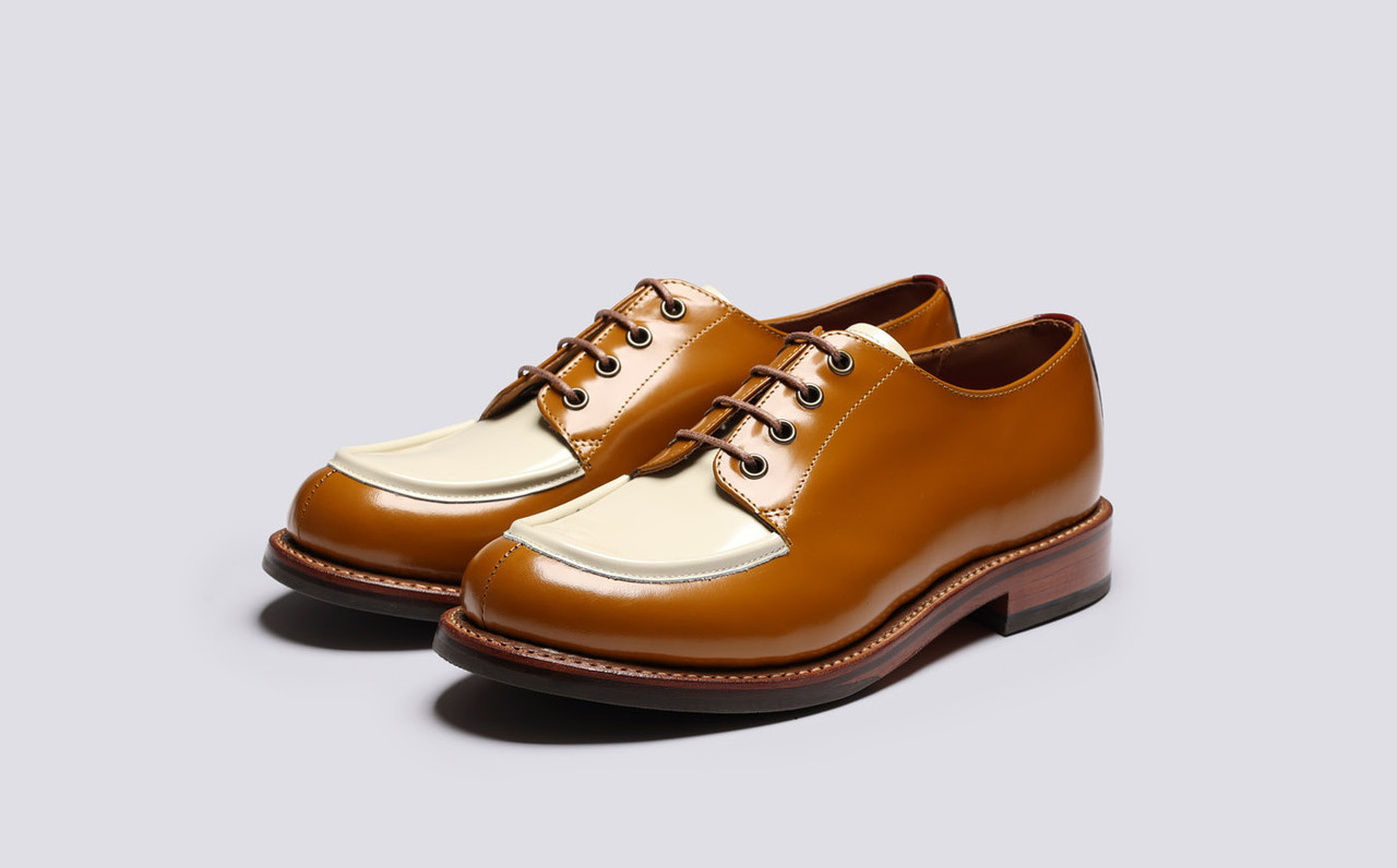 Caitlyn Womens Derby Shoes in Tan Gloss Leather Grenson