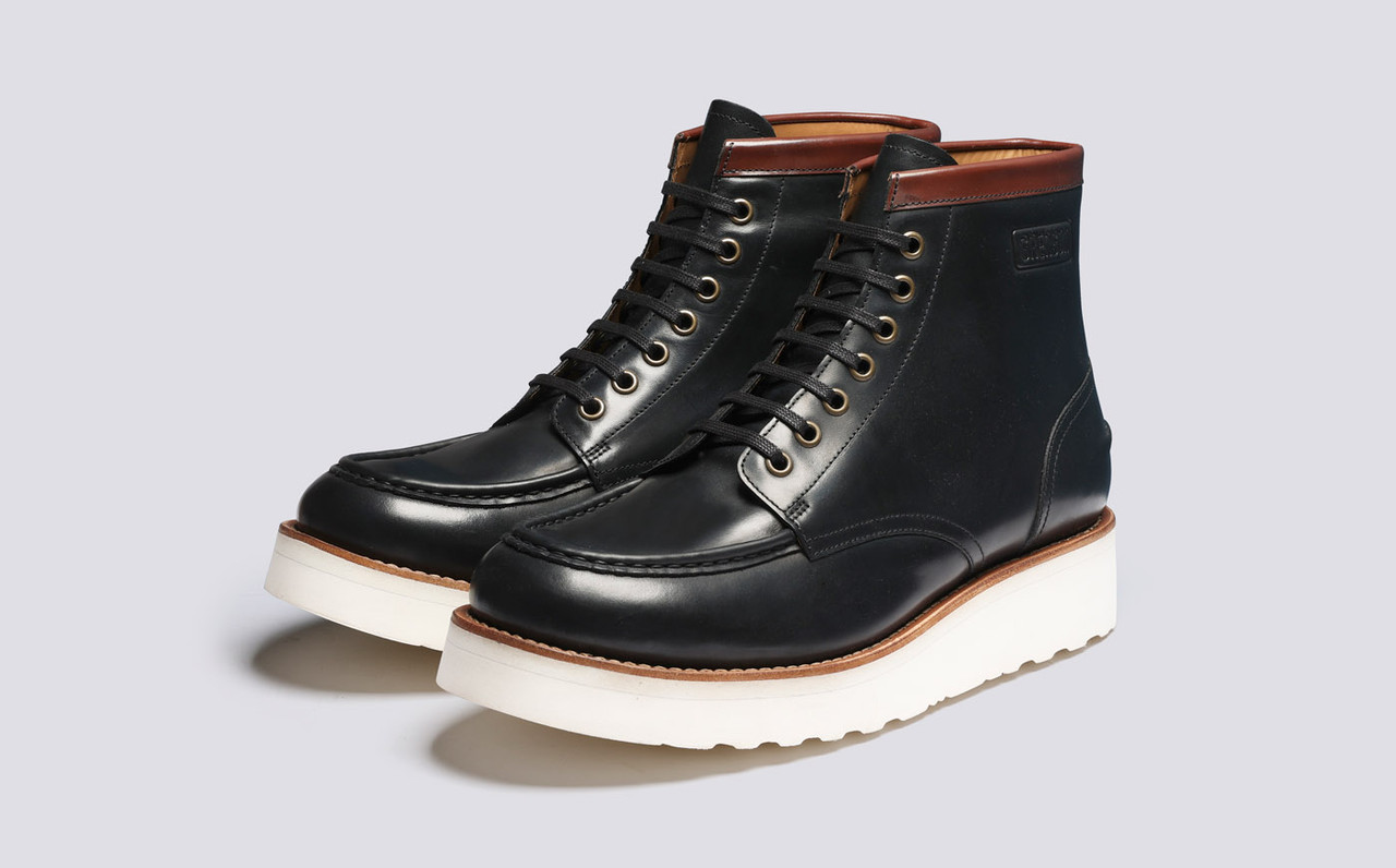 Asa Mens Derby Boots in Black Leather Grenson