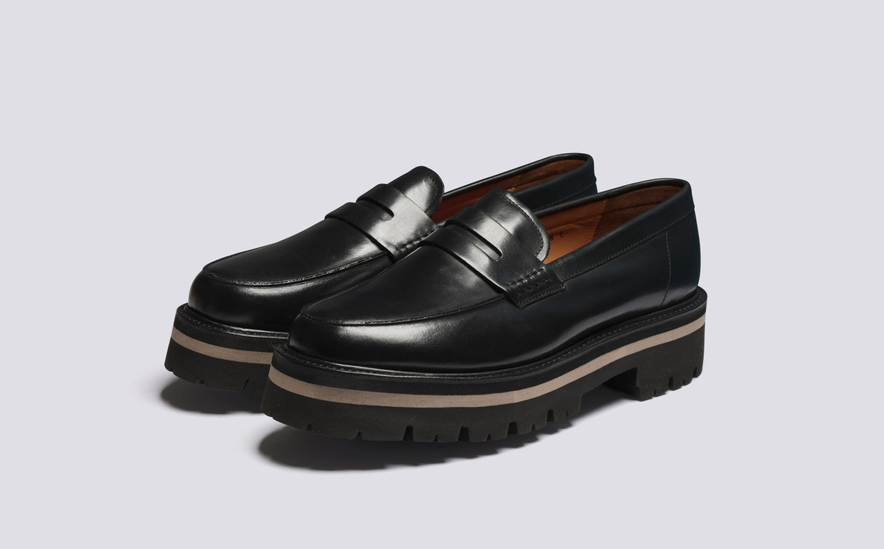 Jeffrey Mens Loafers in Black Leather Grenson