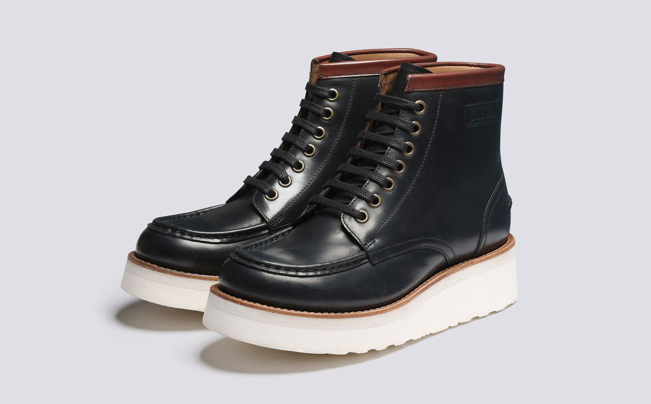Anya Womens Derby Boots in Black Leather Grenson