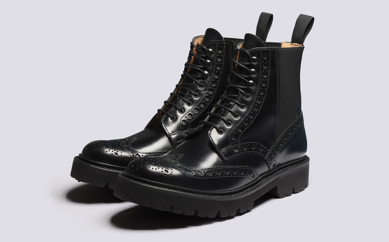 Fred Pull On Mens Brogue Boots in Black Grenson