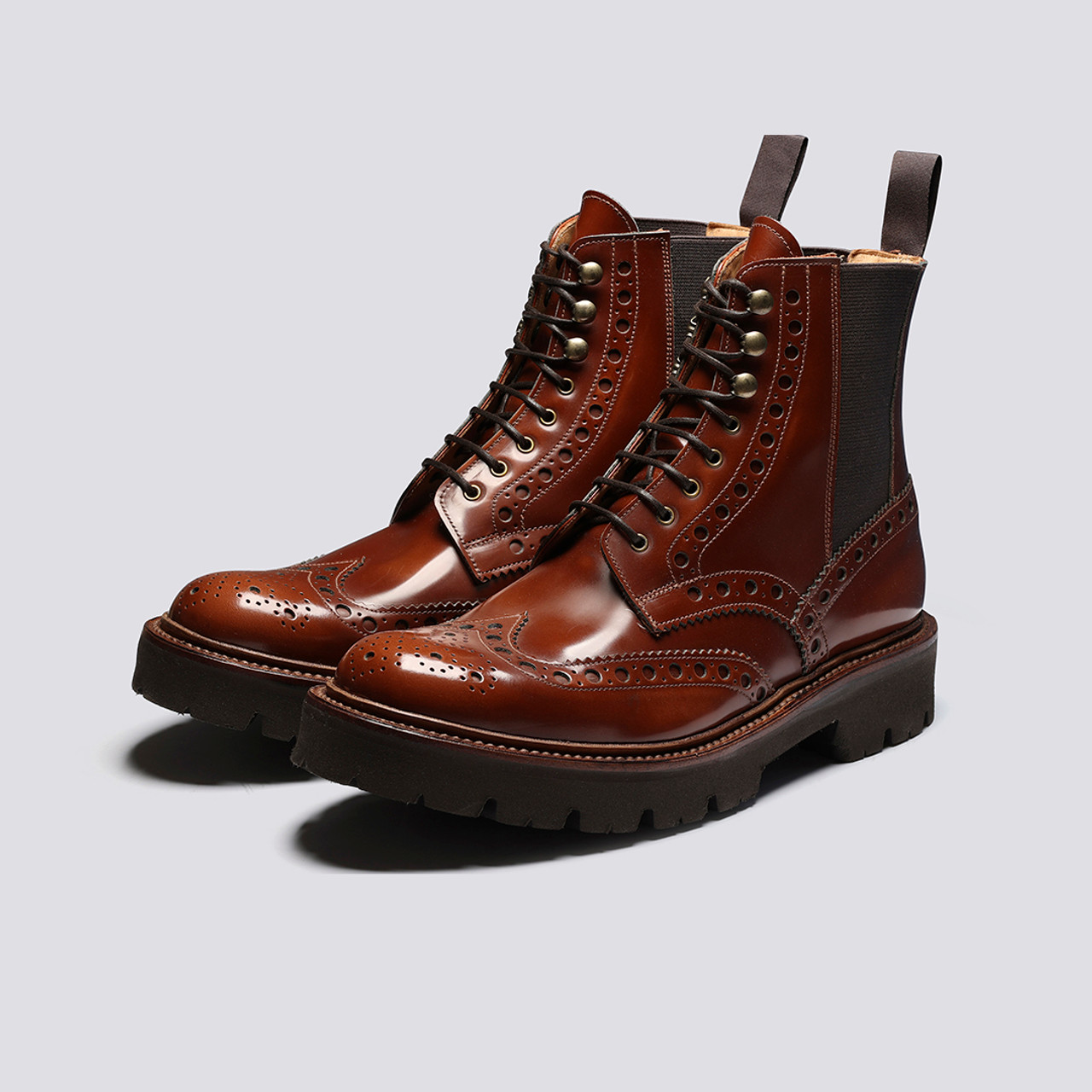 Fred Pull On Mens Brogue Boots in Mid Brown Leather Grenson