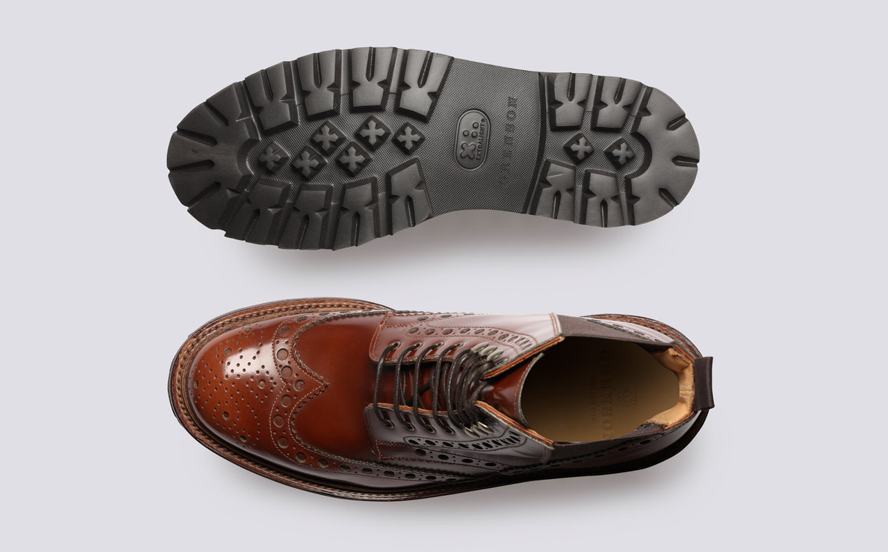 Fred Pull On Mens Brogue Boots in Mid Brown Leather Grenson