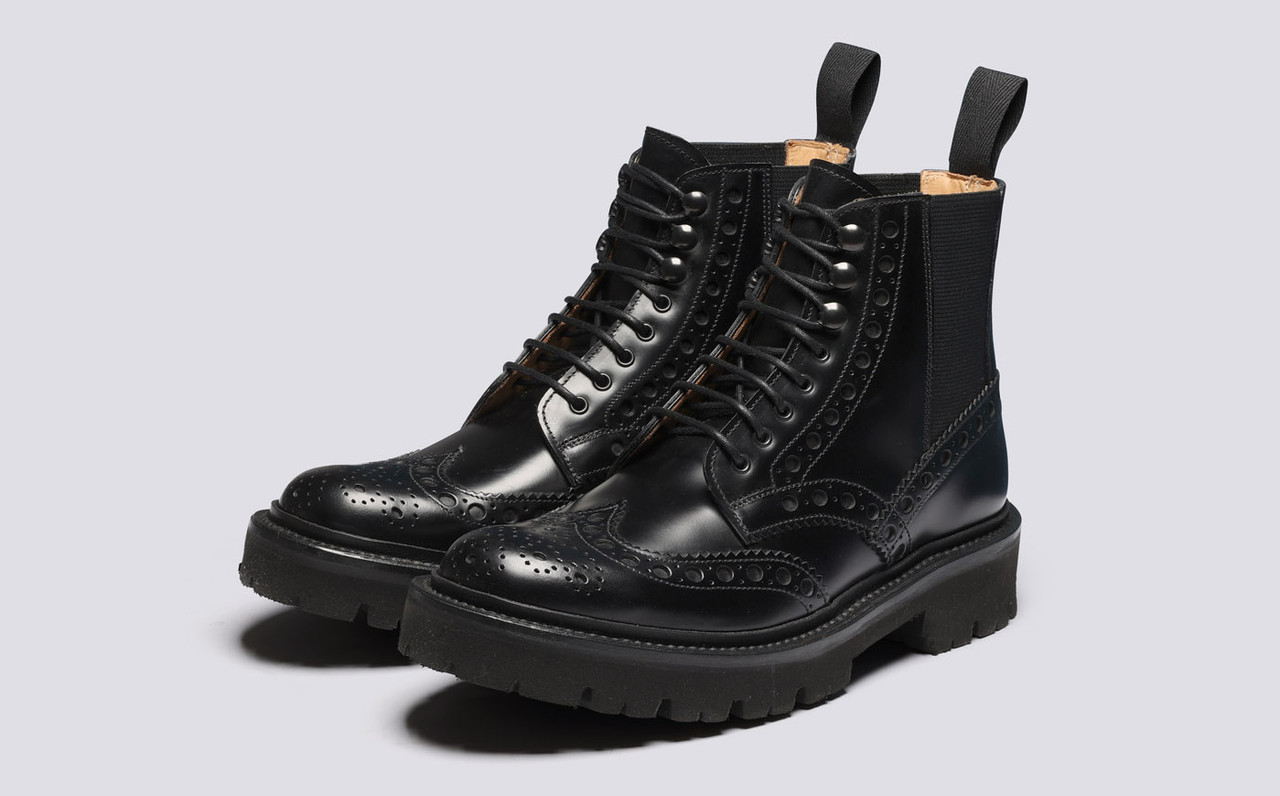 Frederique Pull On Womens Brogue Boots in Black Grenson