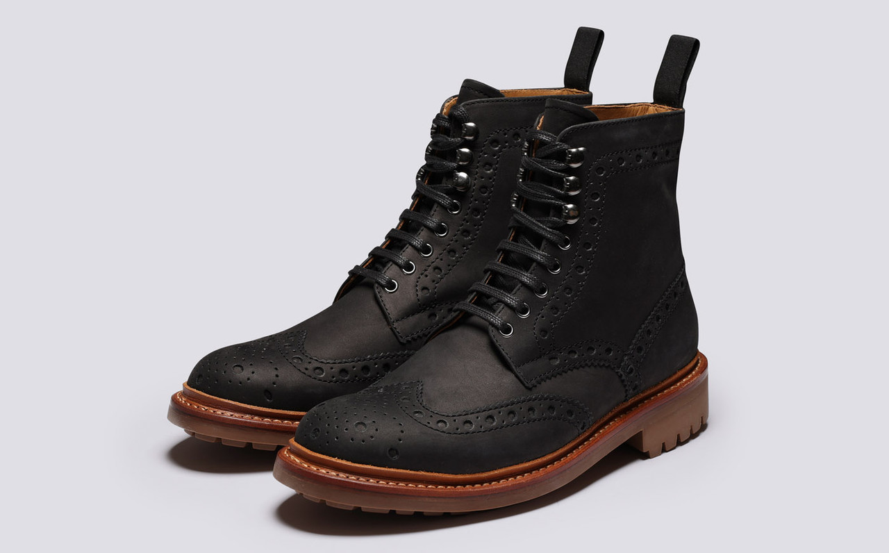 Fred | Mens Brogue Boots in Black Nubuck | Grenson