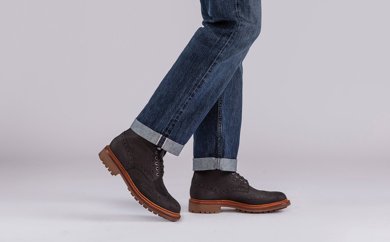Fred Mens Brogue Boots in Black Nubuck Grenson