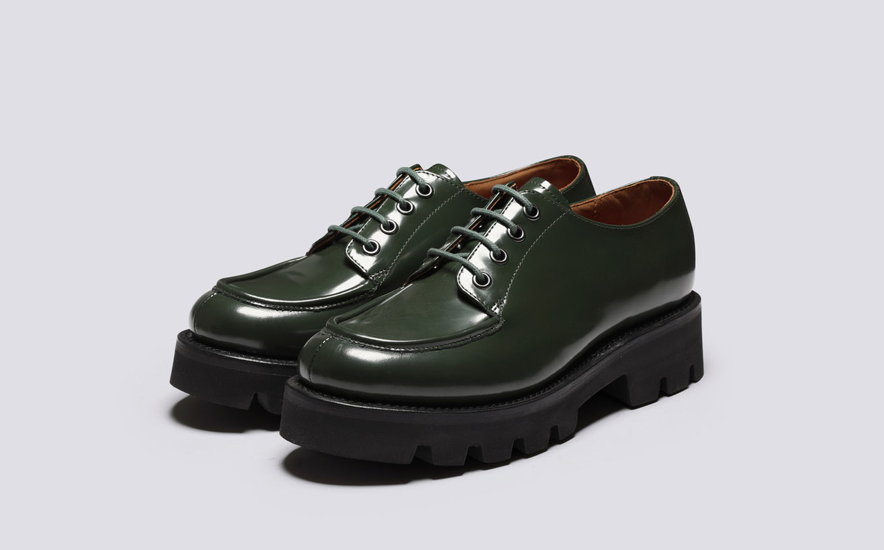 Caitlyn Womens Derby Shoes in Green Leather Rubber Sole Grenson