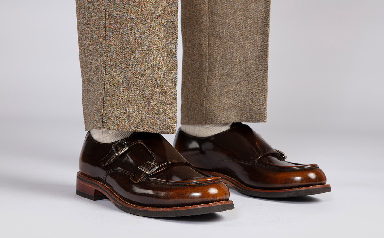 【美品】GRENSON × S/DOUBLE モカシンシューズ 27cm Andre | Mens Monk Shoes in Tan Rub Off Leather | Grenson