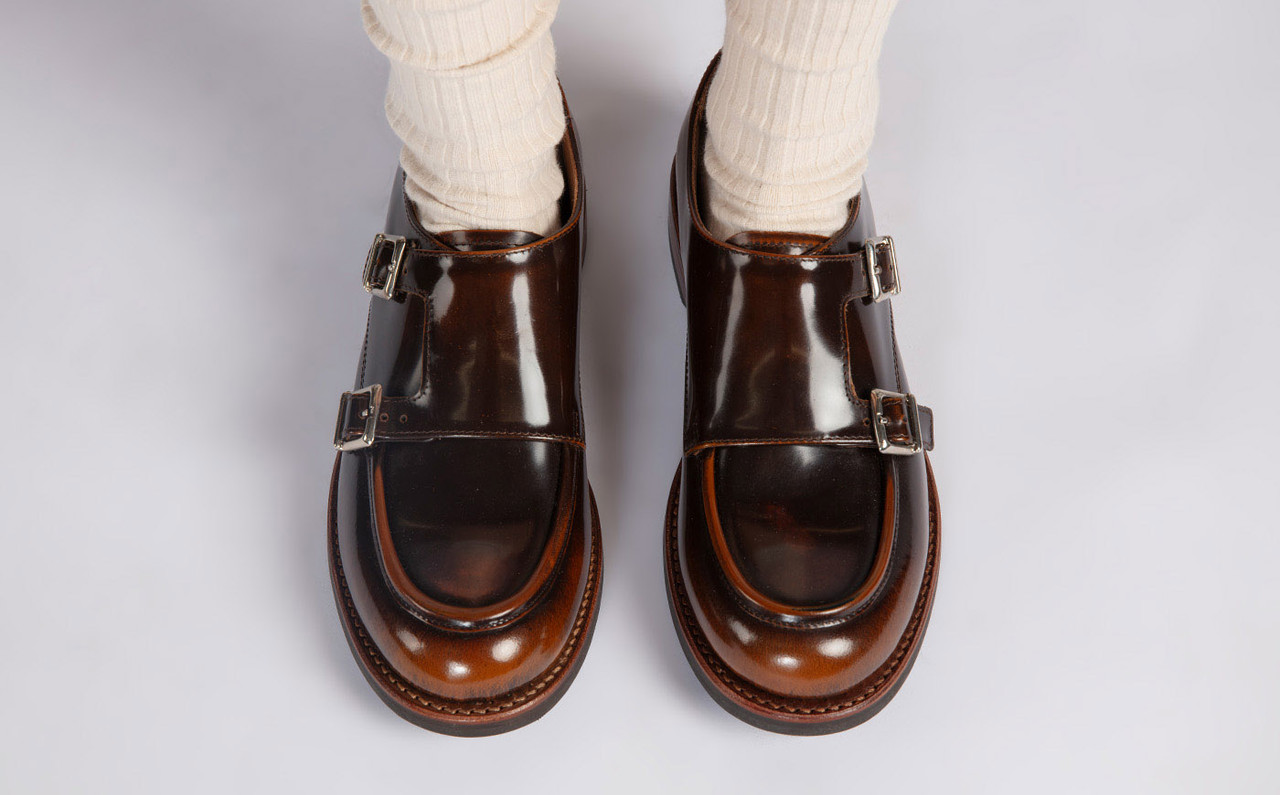 Andrea | Womens Monk Shoes in Tan Rub Off Leather | Grenson