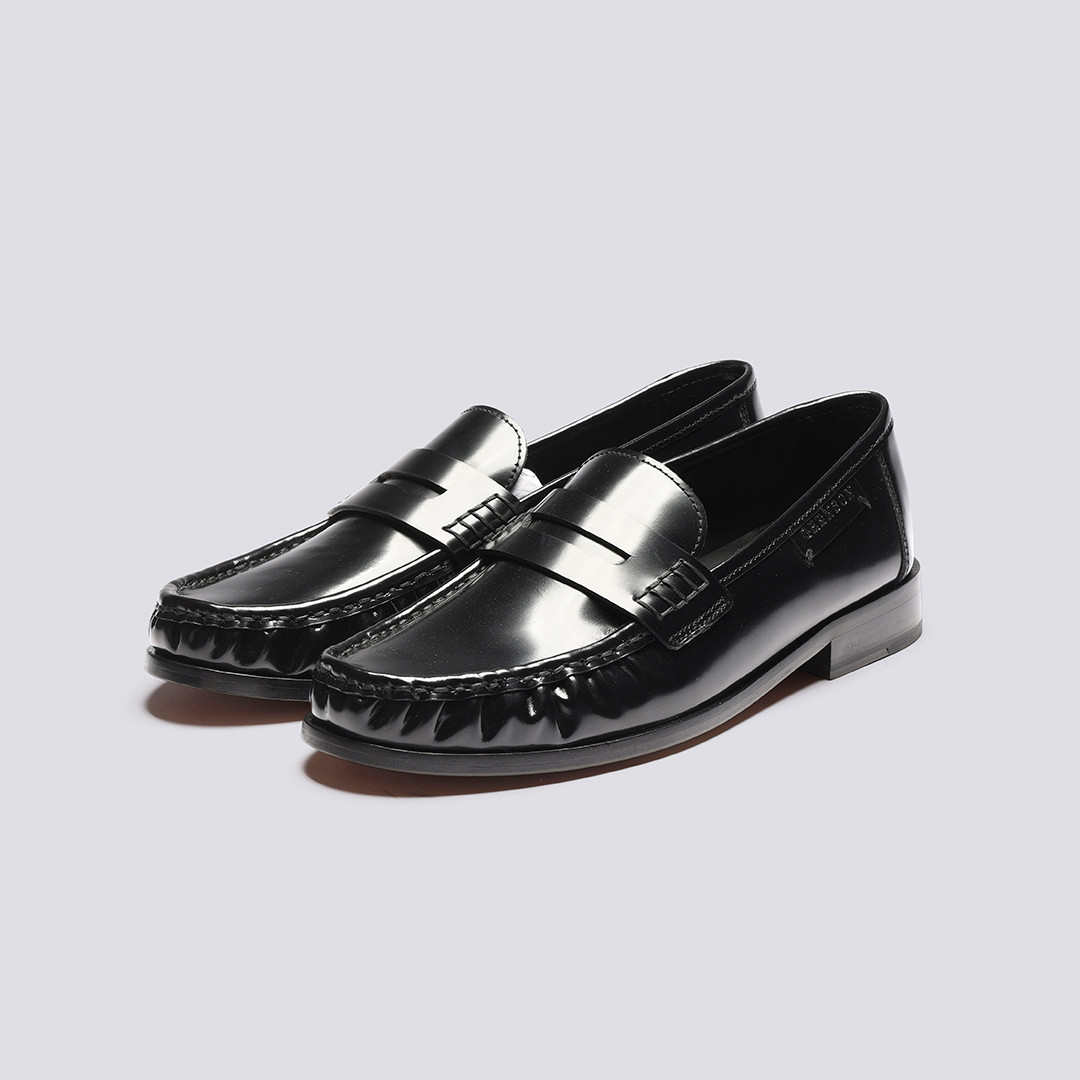 グッサンL Susanna | Womens Moccasin Loafers in Black Hi Shine Leather | Grenson