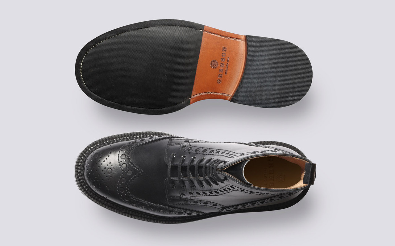 Fred | Mens Triple Welt Brogue Boots in Black Leather | Grenson