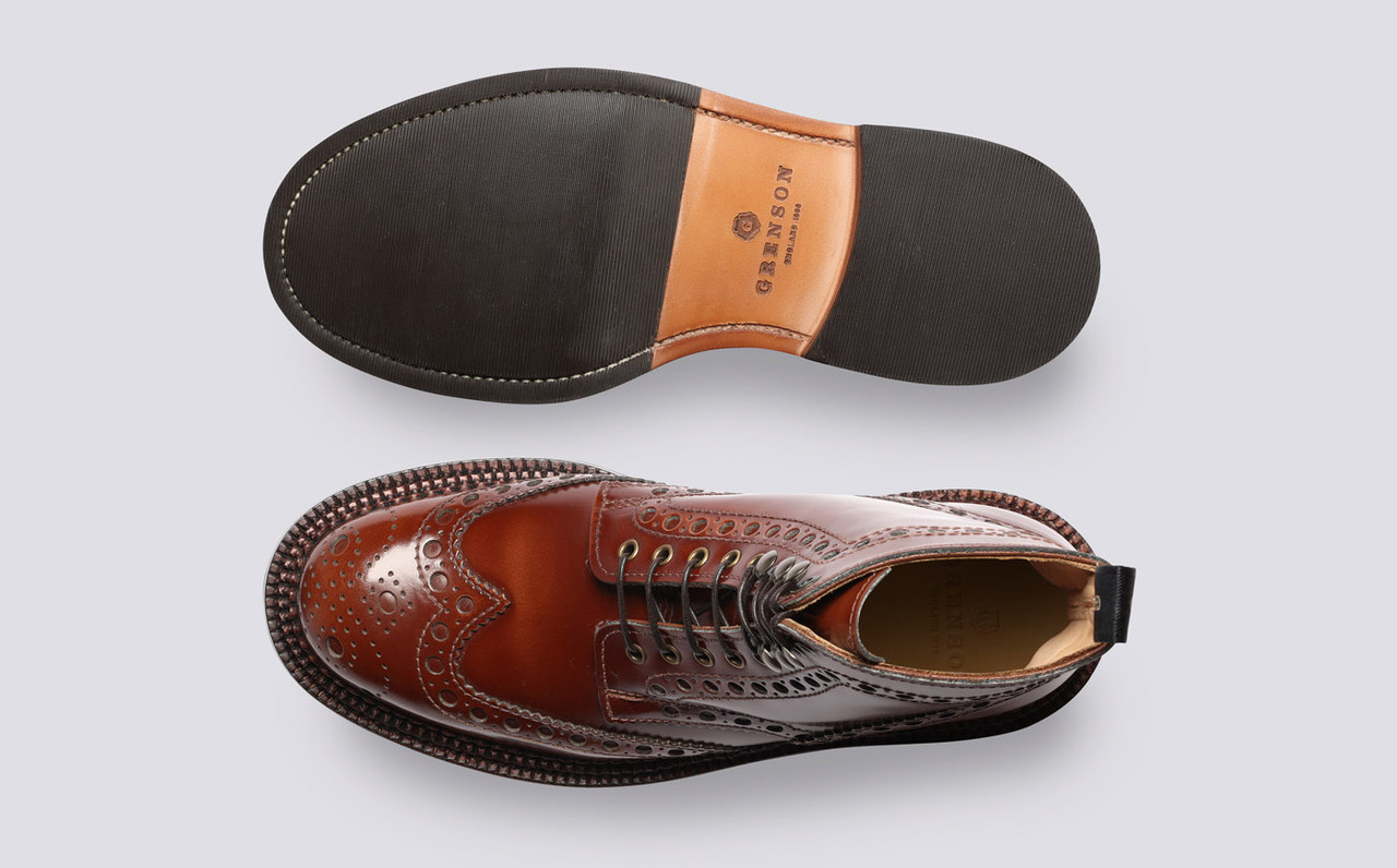 Fred | Mens Triple Welt Brogue Boots in Mid Brown Leather | Grenson