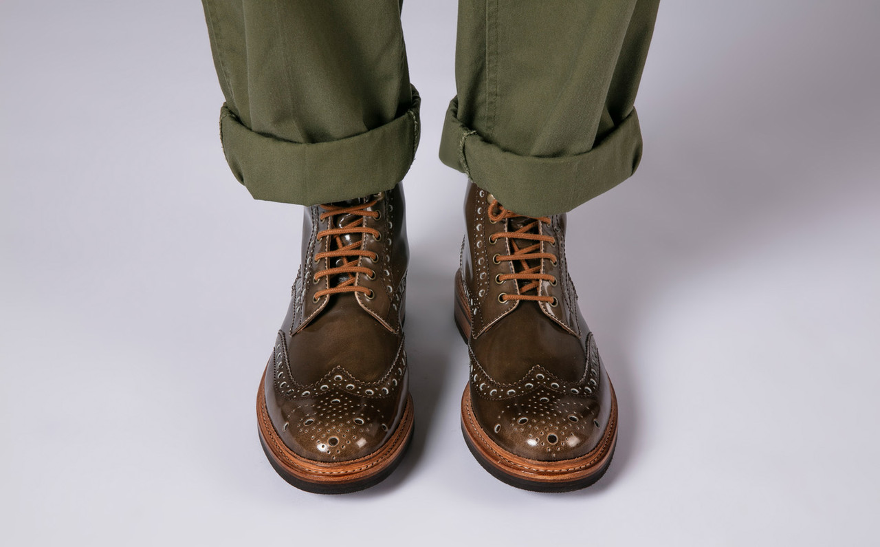 Fred | Mens Brogue Boots in Taupe Rub Off Leather. Goodyear Welted