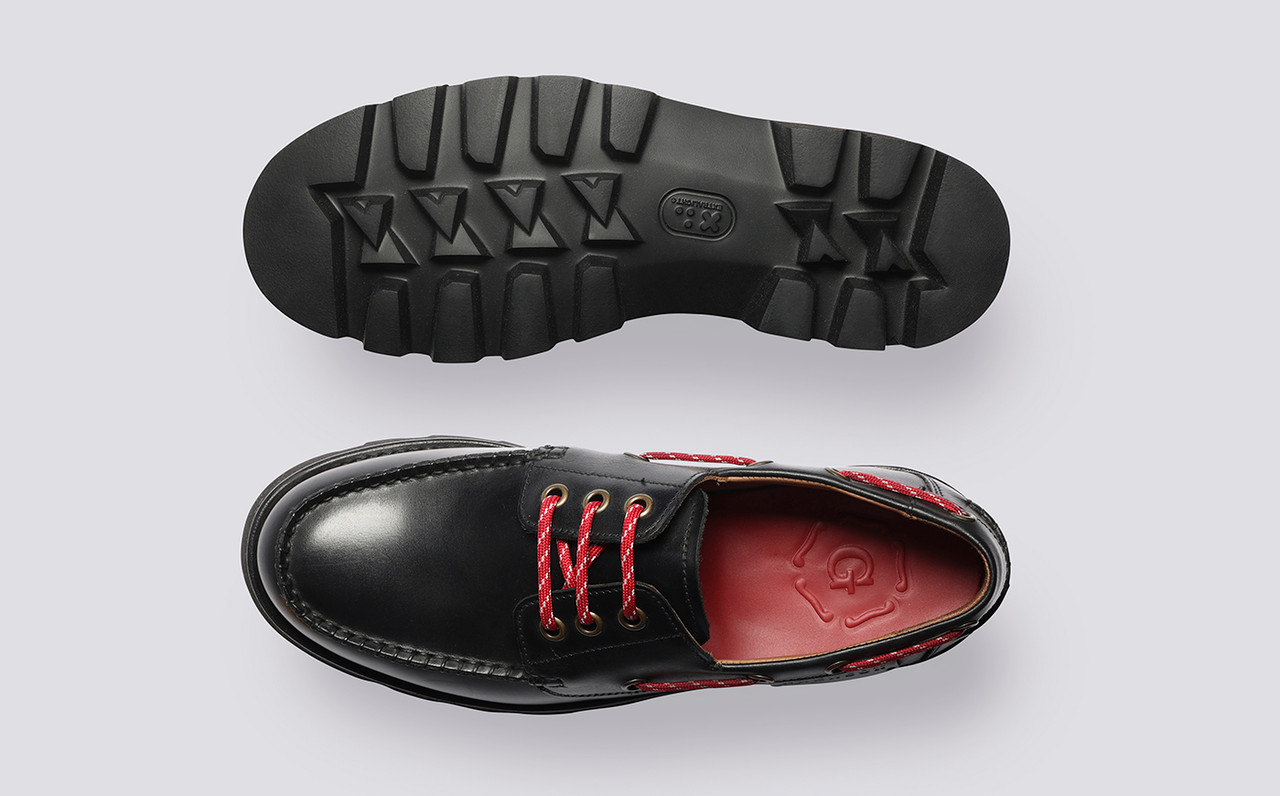 Myrtle | Womens Goodyear Welted Boat Shoes in Black Leather | Grenson