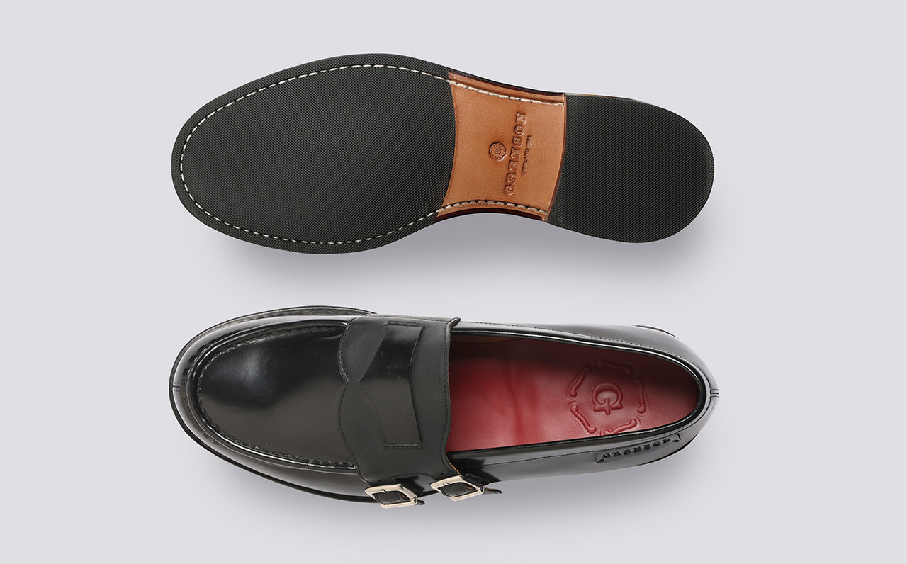 Grenson One Black Leather Penny Loafers Shoes Men\'s UK 7 E US 8 EU 41 Simeon | Mens Moccasin Loafers in Black Hi Shine Leather  main image 2