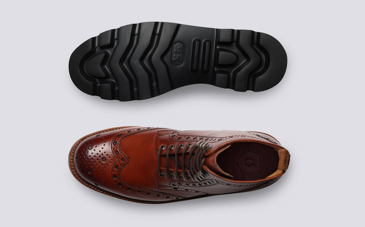 Grenson Brogue Boots Mens Size 9.5 G Tan Leather Wingtip England Dress Shoes Fred | Mens Brogue Boot in Tan Calf Leather with a White  main image 3