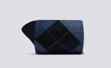 Mens Argyle Socks | Navy Wool Mix | Grenson - Rolled View