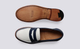 Epsom | Womens Loafers in Navy and White Leather | Grenson - Top and Sole View