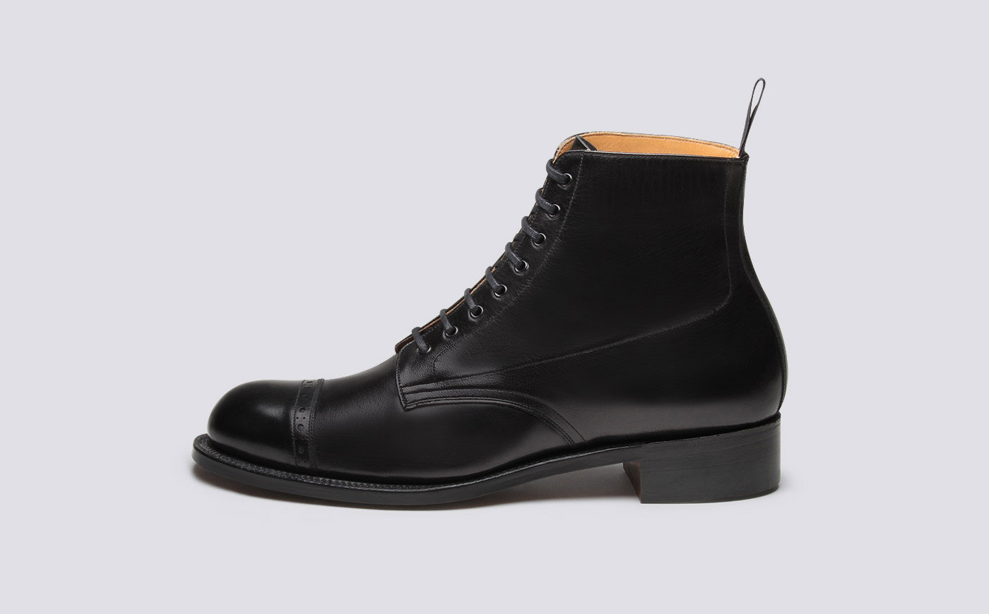 Shoe No.1 Mens Derby Boot in Black Glace Kid Leather on a Leather