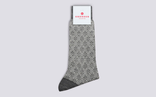 Grenson Fairisle Snowflake Socks in Grey Wool Mix - 3 Quarter View