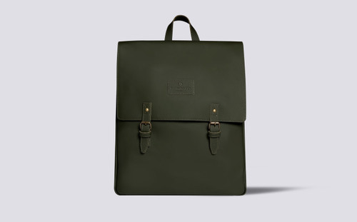 City Backpack | Khaki Green Rubberised Leather | Grenson - Main View