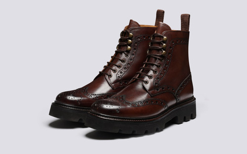 Fred | Mens Brogue Boots in Dark Brown  Leather | Grenson - Main View