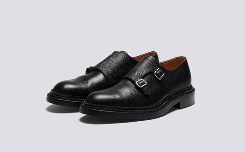Hanbury | Mens Monk Shoes in Black Leather Grain | Grenson - Main View