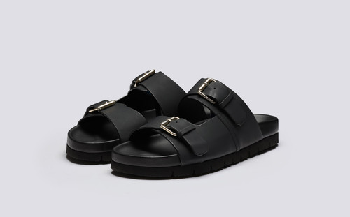 Florin | Mens Sandals in Black Rubberised Leather | Grenson - Main View