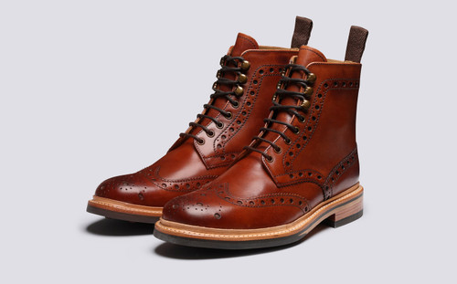 Fred | Mens Brogue Boots in Tan Handpainted Leather | Grenson - Main View
