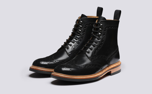 Fred | Mens Brogue Boots in Black Colorado Leather | Grenson - Main View