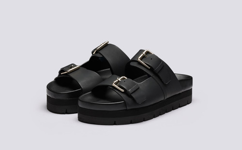 Flora | Womens Sandals in Black Rubberised Leather | Grenson - Main View