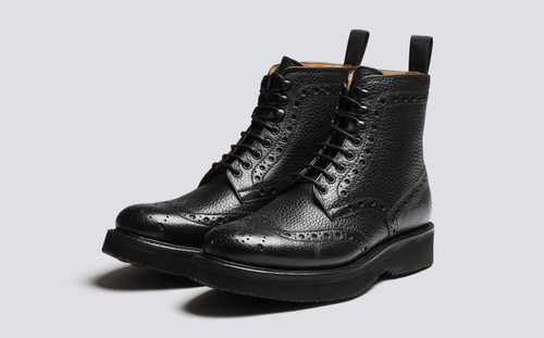 Fred | Mens Brogue Boots in Black Grain Leather | Grenson - Main View