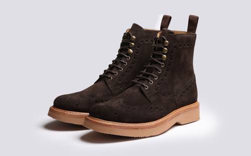 Fred | Mens Brogue Boots in Dark Brown with Wedge | Grenson - Main View