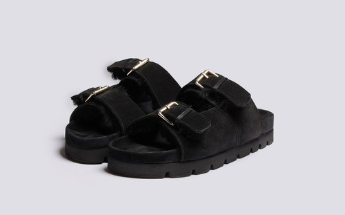 Florin | Mens Sandals in Black with Shearling | Grenson - Main View