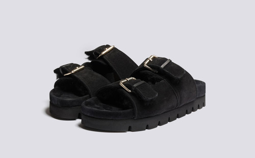 Flora | Womens Sandals in Black with Shearling | Grenson - Main View
