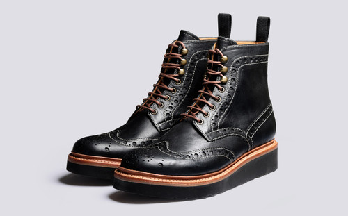 Fred | Mens Brogue Boots in Black Leather | Grenson - Main View