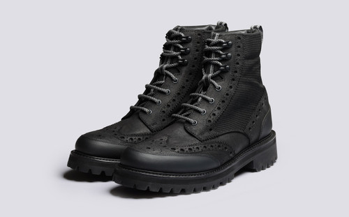 Fred Tech | Mens Brogue Boots in Black on Vibram Sole | Grenson - Main View